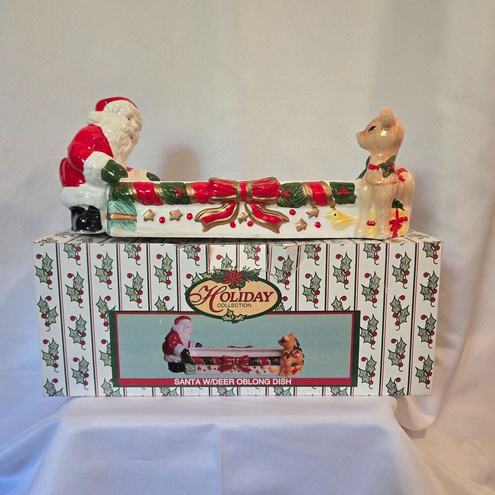 Vintage World Bazaars Ceramic Santa & Deer Oblong Dish (with box)
